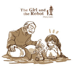 Rule 34 | 1boy, 1girl, age difference, beard, child, copyright name, english text, closed eyes, facial hair, hand on own knee, logo, long hair, looking at another, monaka (siromona), monochrome, mustache, old, old man, open mouth, robot, sitting, squatting, ^^^, the artisan (gnr), the girl (gnr), the girl and the robot