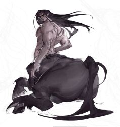 Rule 34 | 1boy, ashthepenguin, beard stubble, black hair, centaur, closed mouth, commentary, completely nude, facial hair, floating hair, full body, goatee, grey eyes, hand on own hip, highres, hooves, horse tail, long hair, looking at viewer, looking back, male focus, mature male, monster boy, nude, original, pointy ears, simple background, sitting, sketch, solo, stubble, symbol-only commentary, tail, tattoo, taur, thick eyebrows, toned, toned male, white background