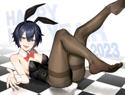 Rule 34 | 1girl, 2023, absurdres, animal ears, bandaid, bandaid on face, bandaid on nose, black hair, black leotard, blue eyes, bow, bowtie, breasts, brown pantyhose, checkered floor, chinese zodiac, detached collar, fake animal ears, fake tail, feet, franz2543, hair between eyes, happy new year, highres, legs, leotard, looking at viewer, lying, medium breasts, new year, no shoes, on back, open mouth, original, pantyhose, playboy bunny, rabbit ears, rabbit tail, red bow, red bowtie, short hair, solo, strapless, strapless leotard, tail, thighband pantyhose, toenails, toes, wrist cuffs, year of the rabbit