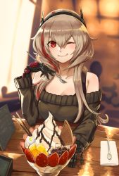 Rule 34 | 1girl, ;), bare shoulders, blurry, blurry background, blush, breasts, brown hair, brown sweater, cafe, chocolate, cream, day, eyeball, food, fruit, fumato, girls&#039; frontline, glint, hair between eyes, headgear, highres, holding, holding spoon, ice cream, indoors, long hair, looking at viewer, m4 sopmod ii (girls&#039; frontline), mechanical hands, medium breasts, menu, multicolored hair, napkin, off-shoulder sweater, off shoulder, one eye closed, parfait, pov, red eyes, sidelocks, sitting, smile, solo, spoon, strawberry, streaked hair, sweater, upper body, wafer stick