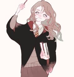 Rule 34 | 1girl, black cloak, blush, book, brown hair, cloak, collared shirt, commentary, cowboy shot, grey sweater, harry potter (series), hermione granger, hogwarts school uniform, holding, holding book, holding wand, long hair, long sleeves, matatatatabi, necktie, parted lips, school uniform, shirt, smile, solo, striped necktie, sweater, wand, wavy hair, white background, white shirt, wizarding world