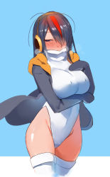 Rule 34 | 10s, 1girl, bad id, bad pixiv id, black hair, blue background, blue eyes, blush, breasts, breath, covered erect nipples, emperor penguin (kemono friends), hair over one eye, headphones, kemono friends, large breasts, leotard, multicolored hair, red hair, solo, thighhighs, two-tone hair, white leotard, white thighhighs, yostxxx