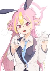 Rule 34 | 1girl, animal ears, blonde hair, blue archive, blue necktie, collar, double bun, fake animal ears, fang, formal, gloves, hair between eyes, hair bun, half gloves, halo, hands up, koyuki (blue archive), koyuki (bunny) (blue archive), leotard, light blush, long hair, looking up, multicolored hair, necktie, open mouth, pink eyes, pink hair, playboy bunny, rabbit ears, side bun, signature, simple background, single side bun, skin fang, solo, stanl2y, star (symbol), star in eye, streaked hair, suit, sweat, symbol in eye, tie clip, twintails, two-tone hair, upper body, white background, white collar, white gloves, white suit