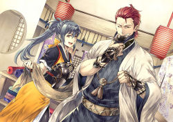 Rule 34 | 1boy, 1girl, blue hair, fire emblem, fire emblem fates, japanese clothes, mask, nintendo, oboro (fire emblem), official art, one eye closed, open mouth, ponytail, red eyes, red hair, saizo (fire emblem), scar, yellow eyes