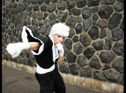 Rule 34 | bandages, clenched hand, cosplay, fighting stance, highres, katekyo hitman reborn!, photo (medium), sasagawa ryohei, shueisha, solo, white hair