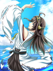 Rule 34 | 10s, 1girl, ahoge, blue eyes, braid, brown hair, cloud, day, detached sleeves, hairband, hisatyu, ishii hisao, japanese clothes, kantai collection, kongou (kancolle), long hair, ocean, personification, sky, solo, water