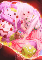 Rule 34 | 1girl, :d, aiuabo, albino, basket, cherry blossoms, child, clenched hand, commentary request, easter, easter egg, egg, food, fruit, hand on own knee, hatching, highres, long hair, long sleeves, looking at viewer, nail polish, open mouth, original, pink skirt, red eyes, shirt, skirt, smile, solo, strawberry, suspender skirt, suspenders, white hair, white shirt