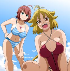 Rule 34 | &gt;:d, 00s, 2girls, :d, aged up, ahoge, amano madoka, antenna hair, aqua eyes, bare shoulders, beyblade, bikini, blonde hair, blue bikini, blue sky, blush, breasts, breasts squeezed together, brown eyes, brown hair, bursting breasts, casual one-piece swimsuit, cleavage, cloud, collarbone, criss-cross halter, day, female focus, from below, green eyes, hairband, halterneck, hand on own hip, hand on own thigh, heart, heart necklace, highleg, highleg swimsuit, hip focus, hokuto (tokuho), huge breasts, jewelry, kurenai ren, large breasts, leaning forward, long hair, looking at viewer, metal fight beyblade, multiple girls, navel, necklace, one-piece swimsuit, open mouth, outdoors, pendant, red one-piece swimsuit, short hair, sideboob, skindentation, sky, smile, spiked hair, spread legs, squatting, standing, striped bikini, striped clothes, swimsuit, thick thighs, thighs, toned, v-shaped eyebrows, very long hair, wide hips, zipper