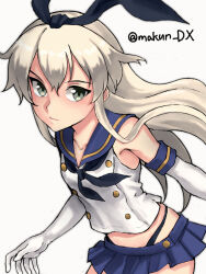 Rule 34 | 1girl, bare shoulders, black neckerchief, black panties, blonde hair, blue sailor collar, blue skirt, blush, brown eyes, buttons, closed mouth, commentary request, cowboy shot, crop top, double-breasted, elbow gloves, gloves, hair between eyes, highleg, highleg panties, highres, kantai collection, long hair, looking at viewer, maakun (makun dx), midriff, miniskirt, neckerchief, one-hour drawing challenge, panties, pleated skirt, sailor collar, school uniform, serafuku, shimakaze (kancolle), simple background, skirt, sleeveless, solo, twitter username, underwear, white background, white gloves