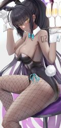 Rule 34 | 1girl, animal ears, aqua bow, aqua bowtie, arm tattoo, black hair, black leotard, blue archive, blush, bow, bowtie, breasts, cafenami, champagne flute, cleavage, cup, dark-skinned female, dark skin, detached collar, drinking glass, earrings, fake animal ears, fake tail, feet out of frame, fishnet pantyhose, fishnets, gloves, gradient hair, highres, holding, holding tray, jewelry, karin (blue archive), karin (bunny) (blue archive), large breasts, leotard, long hair, looking at viewer, multicolored hair, number tattoo, on stool, pantyhose, playboy bunny, ponytail, purple hair, rabbit ears, rabbit tail, simple background, sitting, solo, strapless, stud earrings, tail, tattoo, tray, twisted torso, very long hair, white background, white gloves, yellow eyes