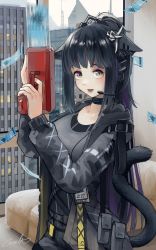 Rule 34 | 1girl, absurdres, alternate hair length, alternate hairstyle, animal ears, arknights, black collar, blue hair, building, cat ears, cat girl, cat tail, collar, cowboy shot, grey bag, grey jacket, grey shorts, gun, headset, highres, holding, holding gun, holding weapon, implied extra ears, infection monitor (arknights), jacket, jessica (arknights), long hair, long sleeves, looking at viewer, lungmen dollar, motion blur, open clothes, open jacket, open mouth, ponytail, pouch, purple hair, shorts, skyscraper, solo, tail, very long hair, weapon, welt (kinsei koutenkyoku), window