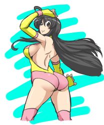 Rule 34 | 1girl, ahoge, arched back, arm up, armpits, backless outfit, bare back, bare shoulders, black eyes, black hair, blush, boots, breasts, closed mouth, commentary request, cropped legs, elbow gloves, eyebrows, fingerless gloves, gloves, hairband, highres, leotard, long hair, looking at viewer, original, pixiv wrestling association, rina ninoita, sakasa gurasan, sideboob, simple background, smile, solo, standing, thigh boots, thighhighs, thighs, white background, wrestling outfit, yellow gloves, yellow hairband, yellow leotard