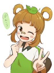 Rule 34 | bandaid, bandaid on face, bandaid on nose, blush stickers, brown eyes, brown hair, hair rings, highres, inazuma eleven (series), inazuma eleven ares no tenbin, leaf, leaf on head, one eye closed, open mouth, shinbiko, simple background, soccer uniform, solo, sportswear, tanukigahara ponko, updo, v, white background