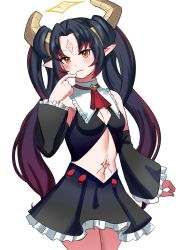 Rule 34 | 1girl, absurdres, belly, black hair, blush, blush stickers, commission, dress, highres, horns, idol corp, lily sin, long hair, multicolored hair, pointy ears, simple background, skirt, thighs, virtual youtuber, white background, ytrall