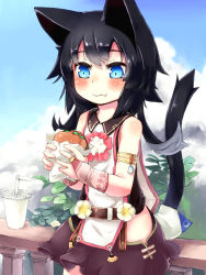 Rule 34 | 1girl, animal ears, armband, bare shoulders, black hair, blue eyes, blush, cat ears, cat tail, crr w9kd, cup, day, drinking straw, eating, food, burger, long hair, skirt, sky, sleeveless, solo, tail