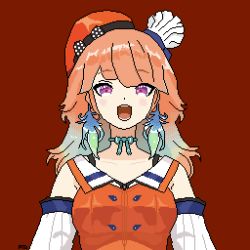 Rule 34 | 1girl, absurdres, bad id, bad twitter id, blush, detached sleeves, earrings, feather earrings, feathers, gradient hair, hat, highres, hololive, hololive english, jewelry, long hair, looking at viewer, mnnmnmnn, multicolored hair, open mouth, orange hair, pixel art, purple eyes, red background, simple background, solo, takanashi kiara, takanashi kiara (1st costume), upper body, virtual youtuber