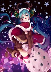 Rule 34 | 1girl, animal costume, antlers, aqua hair, bell, boots, cape, christmas, detached sleeves, green eyes, hair bell, hair ornament, hatsune miku, horns, imoko (imonatsuki), kneeling, long hair, night, red nose, reindeer antlers, reindeer costume, sack, solo, star (symbol), striped clothes, striped thighhighs, thighhighs, twintails, very long hair, vocaloid