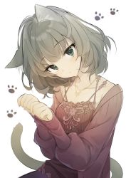 Rule 34 | 1girl, animal ears, bob cut, cat ears, cat tail, clenched hands, collarbone, expressionless, green hair, head tilt, heterochromia, highres, idolmaster, idolmaster cinderella girls, jewelry, mole, mole under eye, necklace, nyan, paw print, q-v (levia), simple background, solo, tail, takagaki kaede, upper body, white background