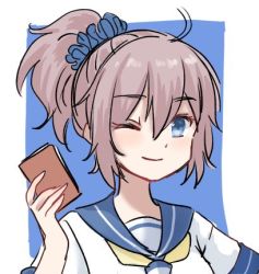 Rule 34 | 1girl, aoba (kancolle), blue background, blue eyes, blue sailor collar, blue scrunchie, border, commentary request, kantai collection, looking at viewer, lowres, neckerchief, notebook, one eye closed, ponytail, purple hair, rin (rin niji), sailor collar, school uniform, scrunchie, serafuku, solo, two-tone background, upper body, white border, yellow neckerchief