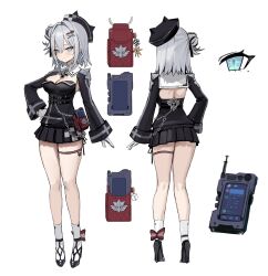 Rule 34 | 1girl, absurdres, aqua eyes, azur lane, black footwear, black hair, black headwear, black skirt, blush, breasts, character sheet, cleavage, closed mouth, commentary request, cross, freng, gloves, grey hair, hair between eyes, hair bun, hair ornament, hairclip, hand on own hip, hat, high heels, highres, iron cross, jade (azur lane), long sleeves, looking at viewer, medium breasts, mole, mole under eye, multicolored hair, multiple views, pleated skirt, shoes, short hair, simple background, single side bun, skirt, socks, thick thighs, thigh strap, thighs, tilted headwear, white background, white gloves, white socks