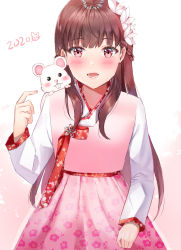 Rule 34 | 1girl, 2020, :d, animal, animal on shoulder, bad id, bad pixiv id, blush, braid, brown hair, chinese zodiac, commentary, dress, flower, hair flower, hair ornament, hand up, highres, kubong, long hair, long sleeves, mouse (animal), open mouth, original, pink dress, pleated dress, red eyes, smile, solo, very long hair, white background, white flower, year of the rat