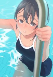 Rule 34 | 1girl, absurdres, armpits, bare arms, bare shoulders, black eyes, black hair, blue one-piece swimsuit, climbing ladder, comic koh, commentary request, competition school swimsuit, fingernails, from above, highres, kamo (gafas), looking at viewer, one-piece swimsuit, parted lips, pool, school swimsuit, short hair, solo, swimsuit, thick eyebrows, wet