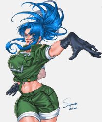 Rule 34 | 1girl, abs, blue eyes, blue hair, earrings, gloves, green jacket, highres, jacket, jewelry, leona heidern, looking at viewer, midriff, military, navel, ponytail, short sleeves, shorts, signature, simple background, snk, solo, superbull, suspenders, the king of fighters, the king of fighters xv, triangle earrings, twisted torso