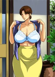 Rule 34 | 00s, 1girl, blush, bra, breasts, brown eyes, brown hair, cirima, embarrassed, hair bun, hikaru no go, hip focus, lace, lace-trimmed bra, lace trim, large breasts, lingerie, looking to the side, midriff, mature female, open clothes, open shirt, pencil skirt, shindou mitsuko, shirt, single hair bun, skirt, solo, sweat, underwear, undressing, volvox, wide hips