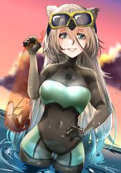 Rule 34 | 1girl, absurdres, animal ears, bodysuit, breasts, diving mask, diving mask on head, diving suit, fish, goggles, goggles on head, grey eyes, grey hair, hand on own hip, highres, hololive, large breasts, lion ears, lion girl, long hair, senzo1840, shishiro botan, skin tight, smile, virtual youtuber, wading, water, wetsuit