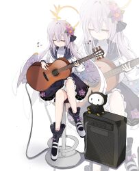 Rule 34 | 1girl, absurdres, amplifier, azusa (blue archive), beamed eighth notes, black dress, black sailor collar, black socks, blue archive, chair, closed eyes, closed mouth, crossed legs, dress, eighth note, flower, frilled dress, frills, grey hair, guitar, hair between eyes, hair flower, hair ornament, halo, highres, holding, holding instrument, instrument, long hair, long sleeves, multiple views, music, musical note, pink flower, playing instrument, purple flower, sailor collar, shirt, shoes, simple background, sitting, smile, socks, unli free, white background, white footwear, white shirt, white wings, wings, yellow halo, zoom layer