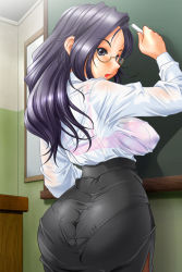 Rule 34 | breasts, chalkboard, glasses, highres, large breasts, long hair, looking back, panties, pantylines, see-through, skirt, teacher, tight clothes, underwear
