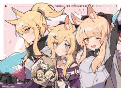 Rule 34 | 3girls, animal ears, anniversary, arknights, armor, aunt and niece, blemishine (arknights), blonde hair, blue eyes, blush, bouquet, cameo, character doll, character name, extra ears, fang, flower, hand up, highres, holding, holding bouquet, horse ears, kingdom of kazimierz logo, kyou 039, long hair, looking at viewer, multiple girls, nearl (arknights), nightingale (arknights), official alternate costume, one eye closed, open mouth, pink background, platinum (arknights), ponytail, shining (arknights), siblings, sidelocks, sideways glance, sisters, skin fang, thick eyebrows, twitter username, upper body, whislash (arknights), whislash (glory purple) (arknights), yellow eyes