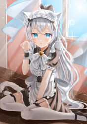 Rule 34 | 1girl, absurdres, apron, blue eyes, cat girl, cat tail, commentary request, curtains, eyes visible through hair, garter straps, hair between eyes, highres, hya ro, long hair, looking at viewer, maid, maid apron, maid headdress, original, parted lips, paw pose, ponytail, short sleeves, sidelocks, sitting, solo, tail, thighhighs, tile floor, tiles, wariza, white hair, wind, window