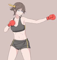 Rule 34 | 10s, 1girl, black eyes, boxing gloves, boxing shorts, brown background, brown hair, grin, groin, gym shorts, hiei (kancolle), highres, intirami, kantai collection, legs, navel, outstretched arm, short hair, shorts, simple background, smile, solo, sports bra, sweat