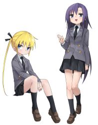 Rule 34 | 2girls, :d, arm at side, black legwear, black necktie, black ribbon, black skirt, blazer, blonde hair, blue eyes, blush, brown footwear, closed mouth, collared shirt, frown, goshiki agiri, grey jacket, hair ribbon, hand up, happy, highres, invisible chair, jacket, kill me baby, loafers, long hair, long sleeves, miniskirt, multiple girls, necktie, open mouth, pleated skirt, purple hair, ribbon, school uniform, shirt, shoes, simple background, sitting, skirt, smile, socks, sonya (kill me baby), standing, twintails, very long hair, waving, white background, white shirt, yachima tana