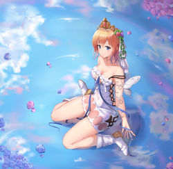 Rule 34 | 1girl, absurdres, argyle, argyle clothes, argyle cutout, bare shoulders, blonde hair, blue eyes, blush, boots, breasts, cleavage, clothing cutout, collarbone, commentary, dress, europa (granblue fantasy), flower, full body, granblue fantasy, hair between eyes, hair flower, hair ornament, highres, looking at viewer, medium breasts, qoray7, short hair, side cutout, smile, solo, tiara, white dress, white footwear