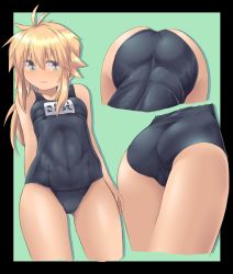 Rule 34 | 1girl, antenna hair, arm behind back, ass, blonde hair, blush, breasts, gluteal fold, green background, green eyes, highres, koshirae tsurugi (m.m), long hair, m.m, multiple views, one-piece swimsuit, original, ponytail, school swimsuit, simple background, small breasts, swimsuit, thighs