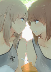 Rule 34 | 10s, 14sai bishoujo (shoutarou), 2girls, backlighting, bare shoulders, blue eyes, bottle, breasts, brown eyes, brown hair, cross, eye contact, forehead-to-forehead, girls und panzer, gym uniform, heads together, highres, iron cross, itsumi erika, light brown hair, lips, long hair, looking at another, medium breasts, multiple girls, nishizumi miho, parted lips, school uniform, short hair, smile, sweat, tank top, upper body, yuri