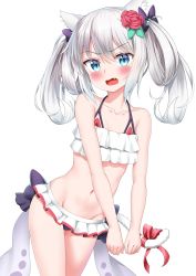 Rule 34 | 1girl, absurdres, animal ears, azur lane, bikini, black bow, blue eyes, blush, bow, cat ears, cat tail, cowboy shot, embarrassed, fang, flower, folded hair, frilled bikini, frills, grey hair, hair bow, hair flower, hair ornament, hammann (azur lane), hammann (rebellious summer) (azur lane), highres, navel, nedia (nedia region), open mouth, purple bow, red bikini, red bow, red flower, red ribbon, red rose, ribbon, rose, simple background, solo, swimsuit, tail, twintails, white background