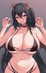 Rule 34 | 1girl, ahoge, azur lane, bare shoulders, bikini, black bikini, black choker, black hair, black wings, breasts, choker, claw pose, collarbone, commentary, crossed bangs, food-themed hair ornament, grey background, hair between eyes, hair intakes, hair ornament, hands up, highleg, highleg bikini, highres, horns, huge breasts, kuavera, long hair, looking at viewer, nail polish, navel, one side up, open mouth, pumpkin hair ornament, red eyes, red nails, skindentation, solo, swimsuit, symbol-only commentary, taihou (azur lane), teeth, tongue, underboob, upper teeth only, very long hair, wings