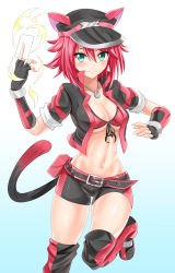 Rule 34 | 1girl, absurdres, animal ears, belt, belt pouch, bike shorts, bikini, bikini top only, blush, breasts, card, cat ears, cat tail, cleavage, closed mouth, collarbone, commission, cropped jacket, fingerless gloves, flat cap, front-tie top, gloves, green eyes, hair between eyes, hat, highres, holding, holding card, jacket, jewelry, kneehighs, leg up, looking at viewer, medium breasts, midriff, navel, necklace, nez-box, open clothes, open jacket, original, pouch, red hair, short shorts, shorts, smile, socks, solo, stomach, swimsuit, tail, thighs, yu-gi-oh!