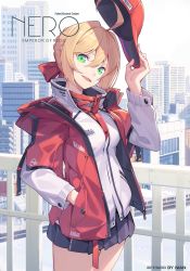 Rule 34 | 1girl, ahoge, artist name, blonde hair, braid, building, character name, contemporary, copyright name, cowboy shot, dated, fate/grand order, fate (series), green eyes, hair between eyes, hand in pocket, hat tip, head tilt, highres, jacket, layered sleeves, long sleeves, looking at viewer, miniskirt, nero claudius (fate), nero claudius (fate) (all), nero claudius (fate/extra), nian (zhanian), pleated skirt, railing, short over long sleeves, short sleeves, skirt, skyline, skyscraper, solo, standing, v-shaped eyebrows