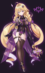 Rule 34 | 1girl, absurdres, alternate eye color, azur lane, black background, black footwear, black gloves, blonde hair, braid, brown leotard, brown thighhighs, budesonide, corruption, covered erect nipples, dark persona, detached sleeves, full body, gloves, glowing, hair ornament, high heels, highres, holding, holding polearm, holding weapon, le temeraire (azur lane), leotard, long hair, looking at viewer, polearm, pubic tattoo, purple eyes, purple ribbon, ribbon, shoes, simple background, solo, tattoo, thigh strap, thighhighs, twin braids, twintails, underbust, very long hair, weapon