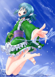 Rule 34 | 1girl, alternate form, bare legs, barefoot, blue eyes, blue hair, blue sky, cloud, day, feet, fins, floral print, foreshortening, head fins, highres, japanese clothes, jumping, kimono, leaping, legs, looking at viewer, matching hair/eyes, obi, open mouth, outstretched arm, personification, sachishiro pengin, sash, short hair, short kimono, sky, solo, splashing, touhou, wakasagihime, water drop