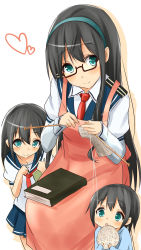 Rule 34 | 10s, 3girls, apron, aqua eyes, black legwear, book, commentary request, crochet, dress shirt, glasses, hairband, highres, if they mated, kantai collection, knitting, long hair, looking at viewer, mother and daughter, multiple girls, neckerchief, ooyodo (kancolle), open mouth, red-framed eyewear, saku (kudrove), school uniform, serafuku, shirt, short hair, smile, yarn ball, aged down