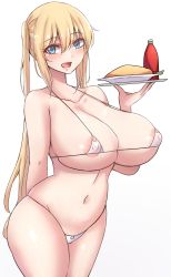 Rule 34 | 1girl, absurdres, bikini, bikini bottom only, bikini top only, blend s, blonde hair, blue eyes, breasts, collarbone, food, highres, hinata kaho, holding, holding tray, large breasts, long hair, looking at viewer, micro bikini, mistynight, navel, nipples, open mouth, simple background, skindentation, solo, swimsuit, tray, twintails, white background, white bikini