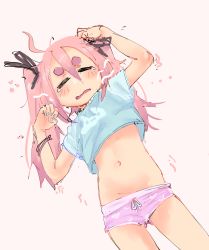 Rule 34 | 1girl, absurdres, ahoge, aqua nails, child, eds, female focus, groin, hair between eyes, happy (eds), highres, lying, midriff, nail polish, navel, on back, original, pink hair, pink shorts, short shorts, shorts, solo, twintails