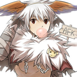 Rule 34 | 1boy, afk, bat wings, black wings, blue wings, brown jacket, chain, chewing gum, commentary request, fur collar, head wings, jacket, looking at viewer, male focus, natsuya (kuttuki), open mouth, orange wings, ragnarok online, shadow chaser (ragnarok online), short hair, shrug (clothing), smiley face, solo, two-tone wings, upper body, white background, white hair, wings