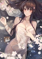 Rule 34 | 1girl, animal, blurry, blurry foreground, blush, branch, breasts, brown eyes, brown hair, cherry blossoms, commentary request, covering privates, flower, from above, hair between eyes, hair flower, hair ornament, hair spread out, highres, kantai collection, kasumi (skchkko), large breasts, long hair, looking at viewer, lying, nude cover, on back, onsen, outdoors, parted lips, partially submerged, ponytail, solo, towel, wet, white towel, yamato (kancolle)
