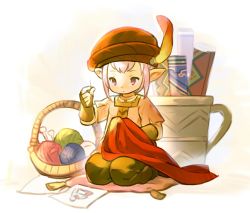 Rule 34 | 1girl, basket, beret, brown gloves, brown hat, chinese commentary, commentary request, drawing (object), elbow gloves, fabric, final fantasy, final fantasy xiv, full body, gloves, green pants, hand up, hat, hat feather, holding, holding needle, lalafell, looking down, needle, no pupils, pants, pillow, pink eyes, pink hair, pink shirt, pointy ears, scroll, seiza, sewing, sewing needle, shirt, short hair, short sleeves, simple background, sitting, solo, tassel, tataru taru, white background, wuliu heihuo, yarn, yarn ball